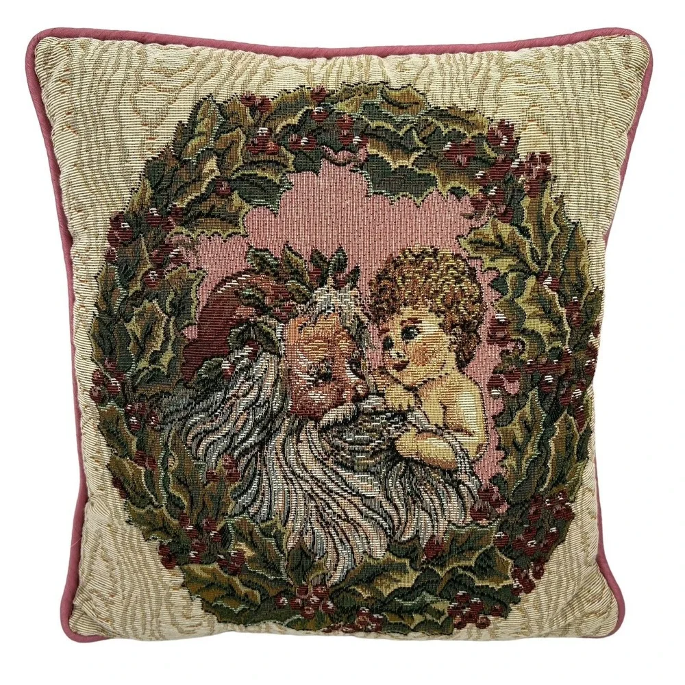 Vintage 14in Throw Pillow Woven Tapestry Christmas Wreath Santa Cherub Pink